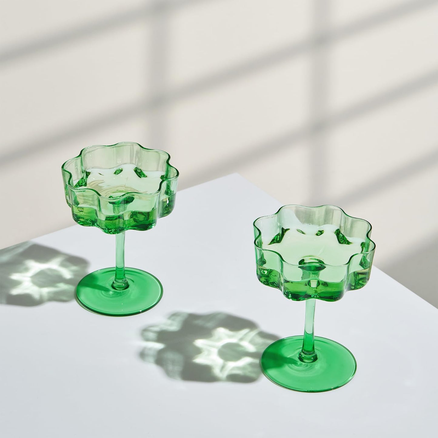 Jade Green Flower Champagne Coupes Set of Two