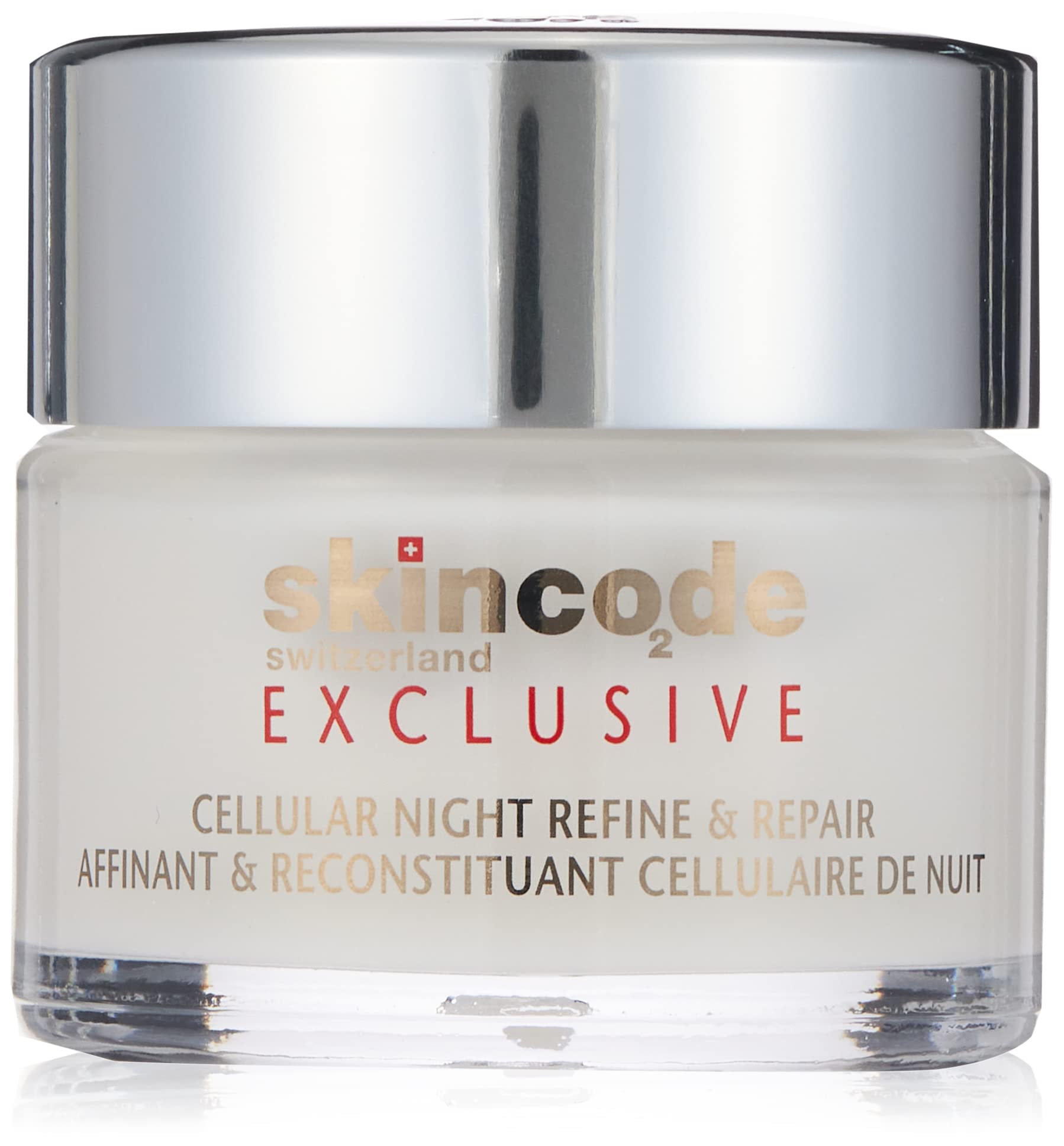 Skincode Cellular Night Refine and Repair night cream in a clear glass jar with silver lid on Tampa Home & Garden Store