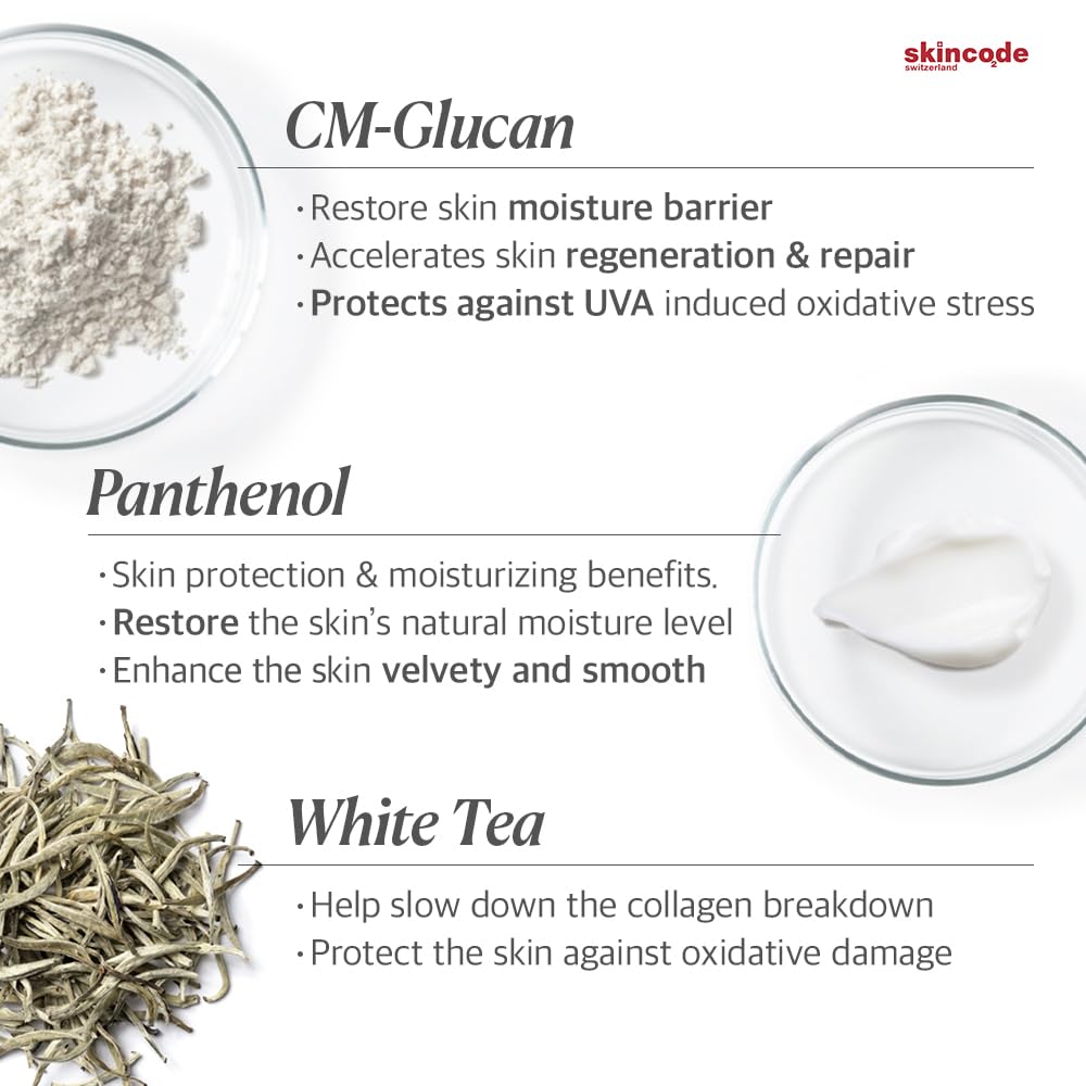 Face cream infographic with CM-Glucan and Panthenol; cream swirl and White Tea; Skincode logo on Tampa Home & Garden Store