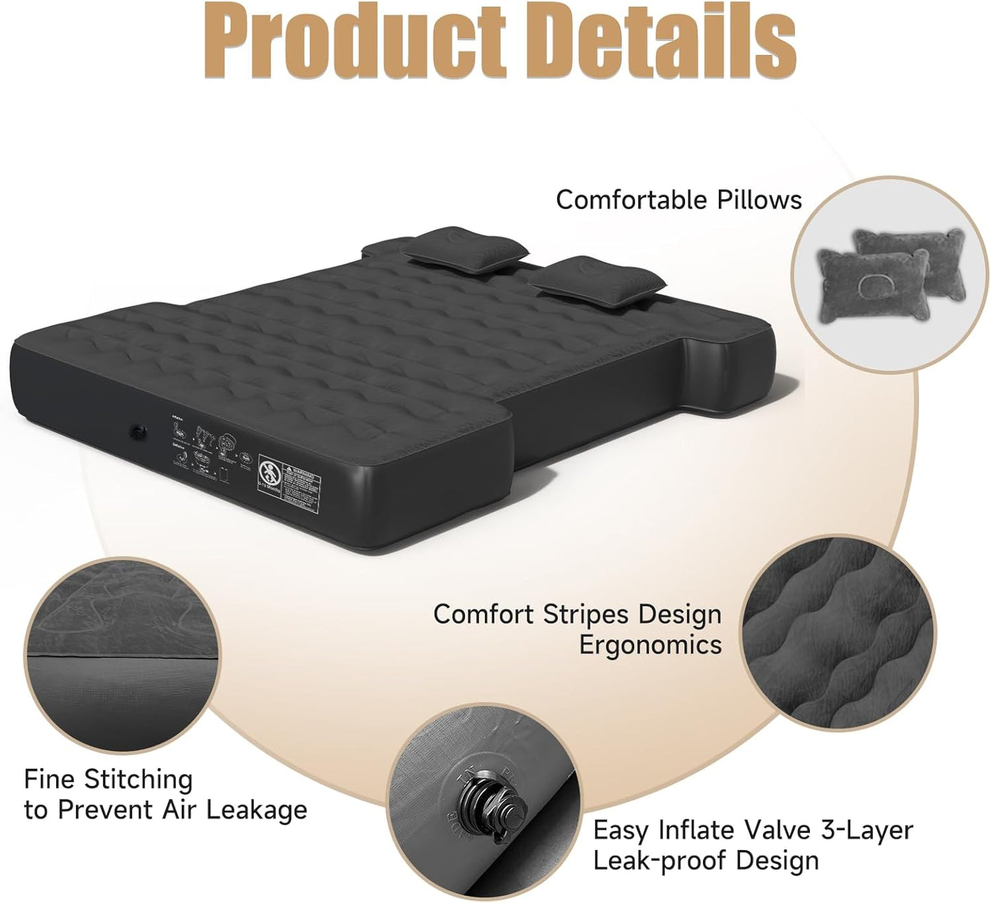 Dikasun Outdoor truck bed air mattress, full-size 5.5–5.8 ft, black with two pillows on Tampa Home & Garden Store