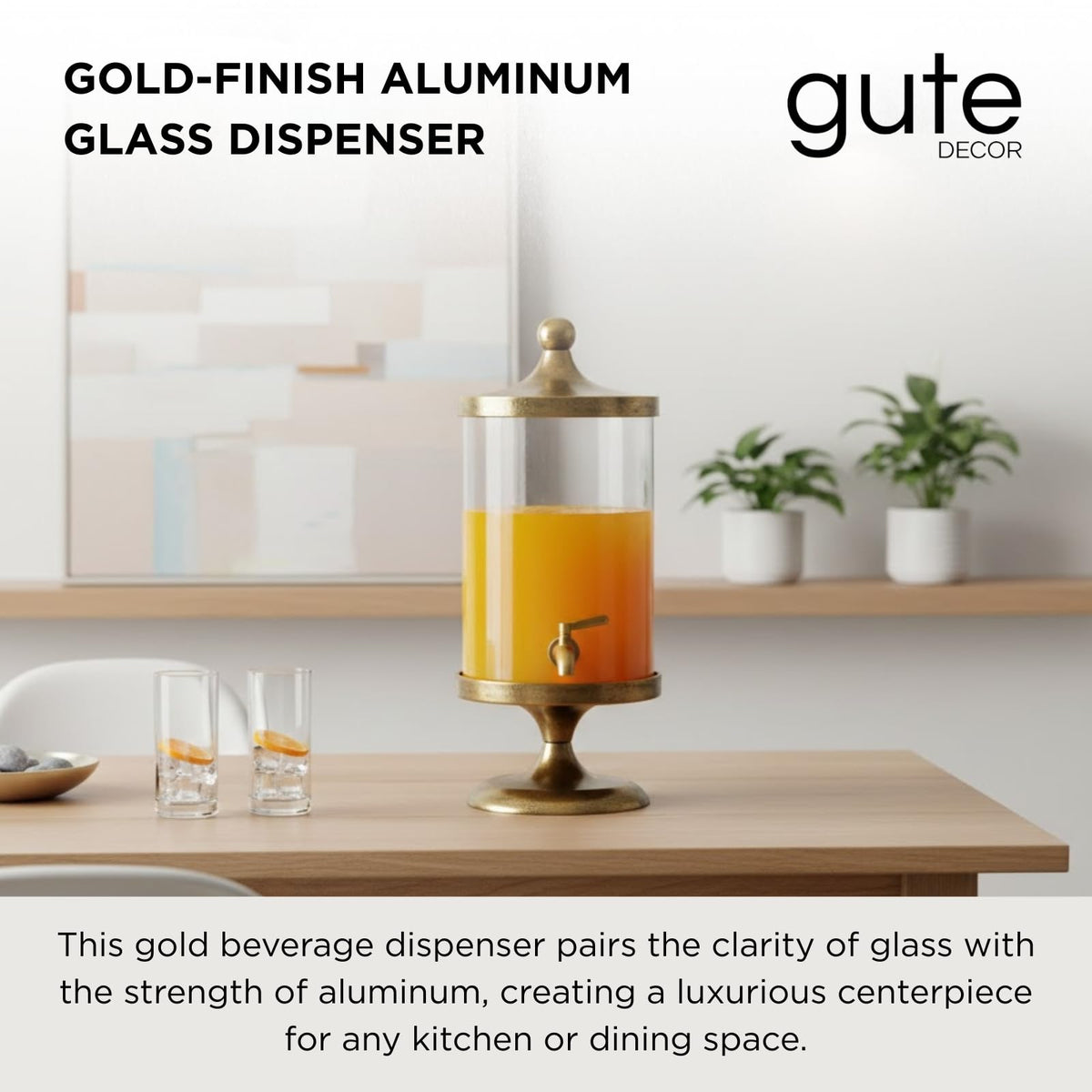 Brass gold and glass beverage dispenser on bamboo stand with spigot, 3-gal, gute Decor on Tampa Home & Garden Store