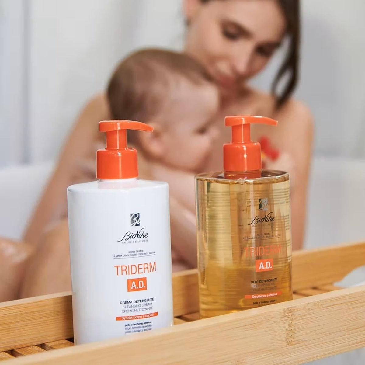 Bionike Triderm A.D. body cream two white and amber pump bottles on a wooden shelf on Tampa Home & Garden Store