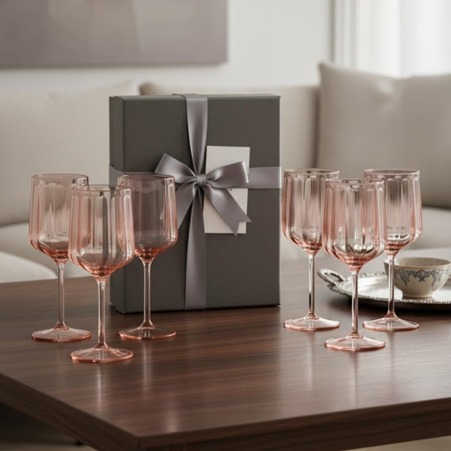 Pink Acrylic Stemmed Goblets Set and Six Glasses
