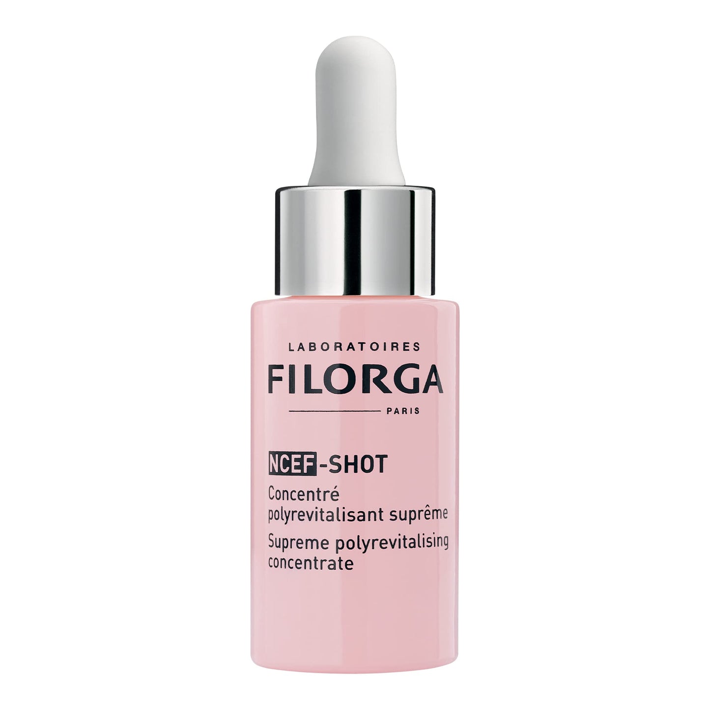Filorga NCEF-Shot serum bottle in pink glass with a silver dropper cap on Tampa Home & Garden Store