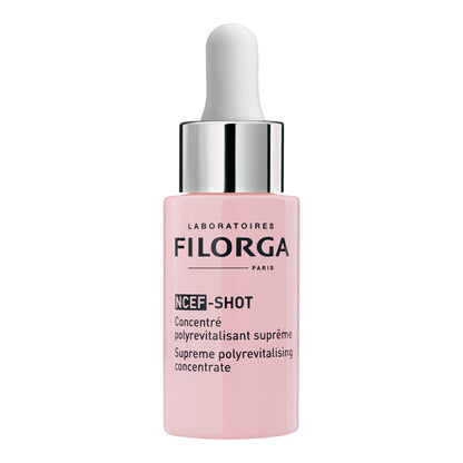 Filorga NCEF-Shot serum bottle in pink glass with a silver dropper cap on Tampa Home & Garden Store
