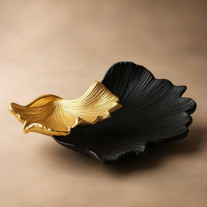 Black and Gold Ginkgo Leaf Two Tier Tray