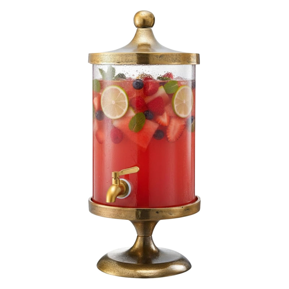 Brass Gold Glass 3-Gallon Beverage Dispenser with spigot on a gold stand, fruit-infused beverage on Tampa Home & Garden Store