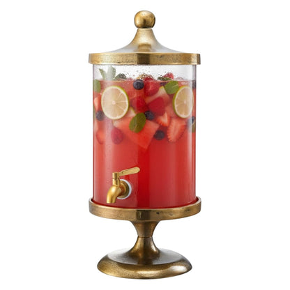 Brass Gold Glass 3-Gallon Beverage Dispenser with spigot on a gold stand, fruit-infused beverage on Tampa Home & Garden Store