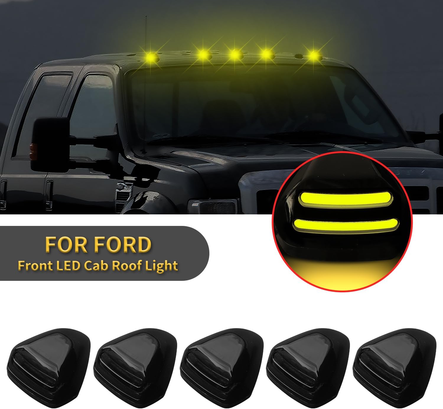 Ford F-250 Super Duty smoked amber slim LED roof cab lights kit with six small black lens modules on Tampa Home & Garden Store