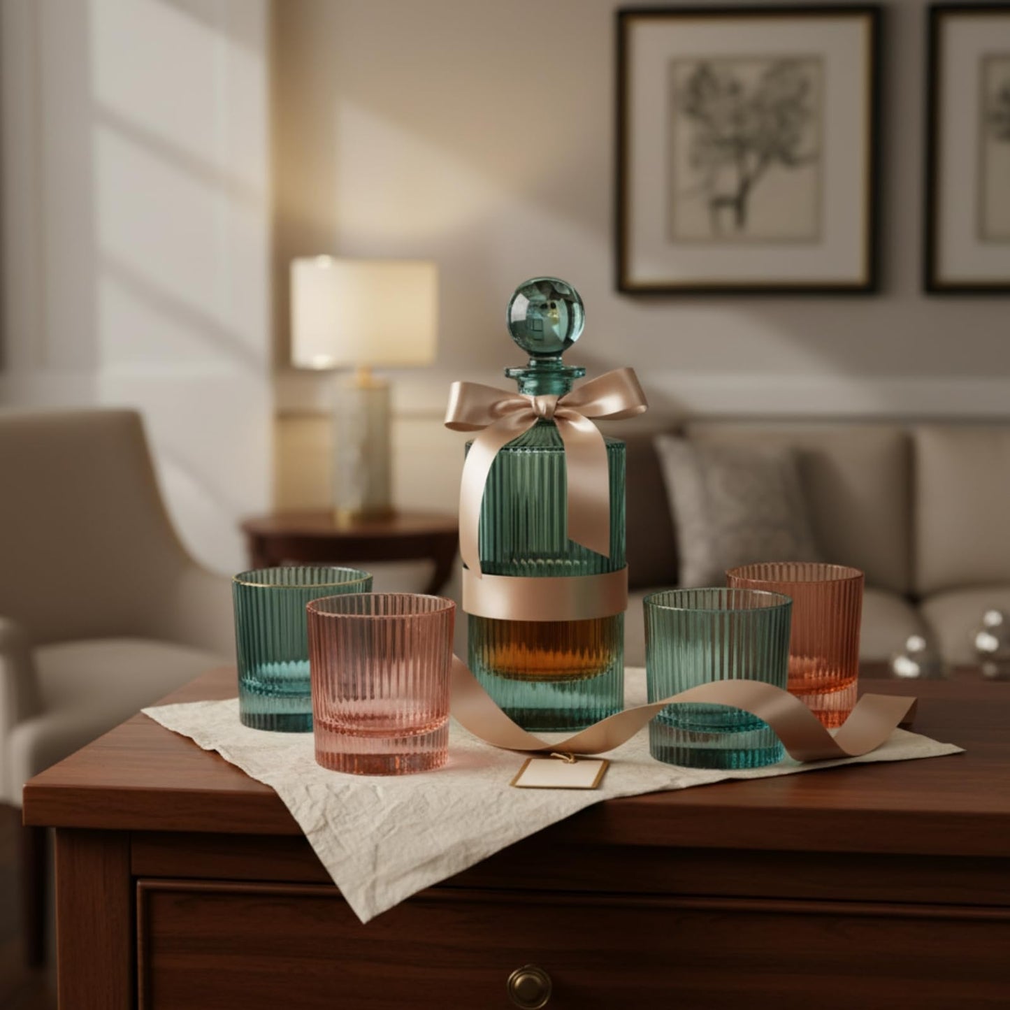 Ribbed Glass Decanter Set and 4 Whiskey Glasses