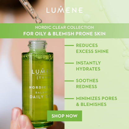 Lumene Nordic Clear Daily Serum bottle in green glass with dropper, brand visible on Tampa Home & Garden Store