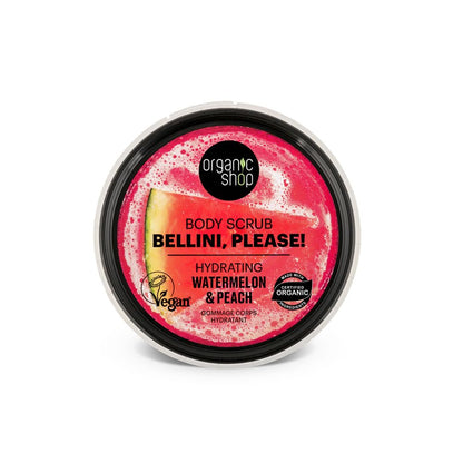 Body scrub Bellini, Please! Organic Shop hydrating watermelon & peach exfoliator in a round tub on Tampa Home & Garden Store