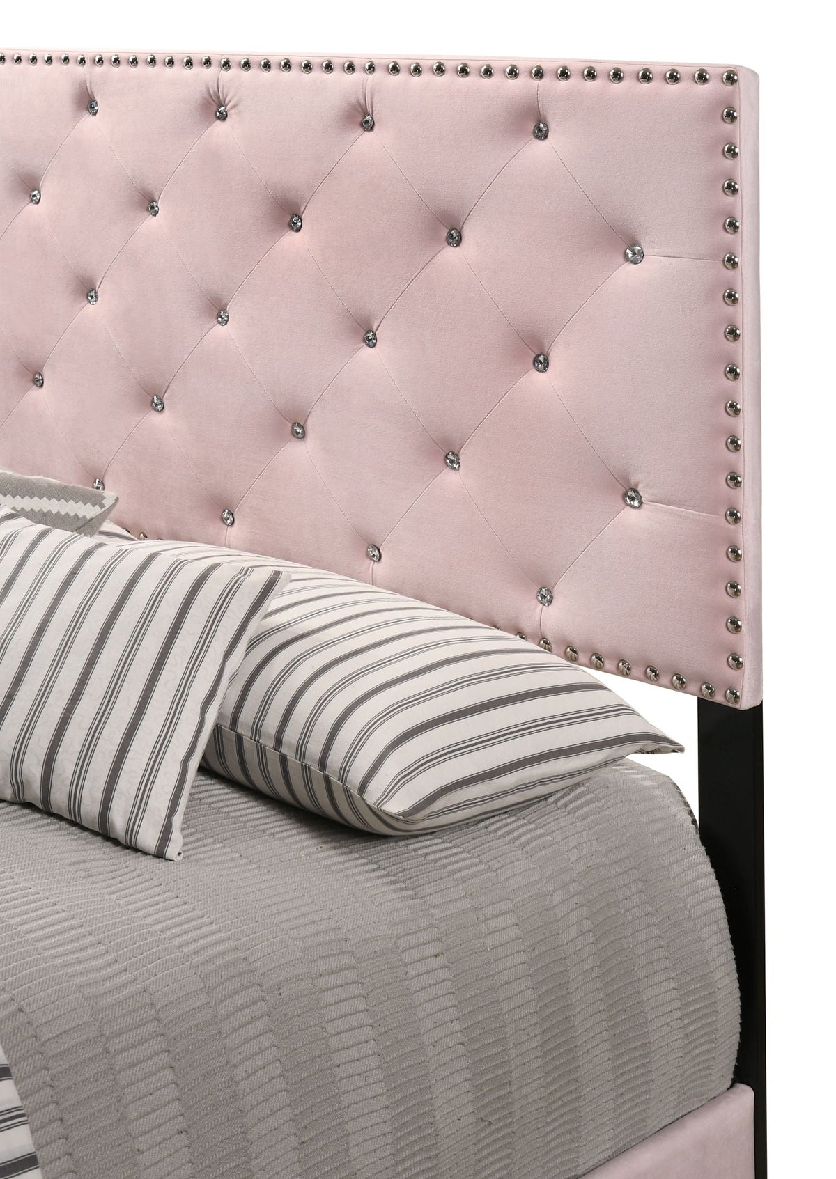 Luxurious pink velvet upholstered bed headboard with tufted diamonds and crystal buttons on Tampa Home & Garden Store