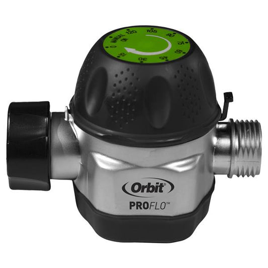 Orbit Pro Flo hose-end sprinkler timer with green dial and black knob, silver body on Tampa Home & Garden Store