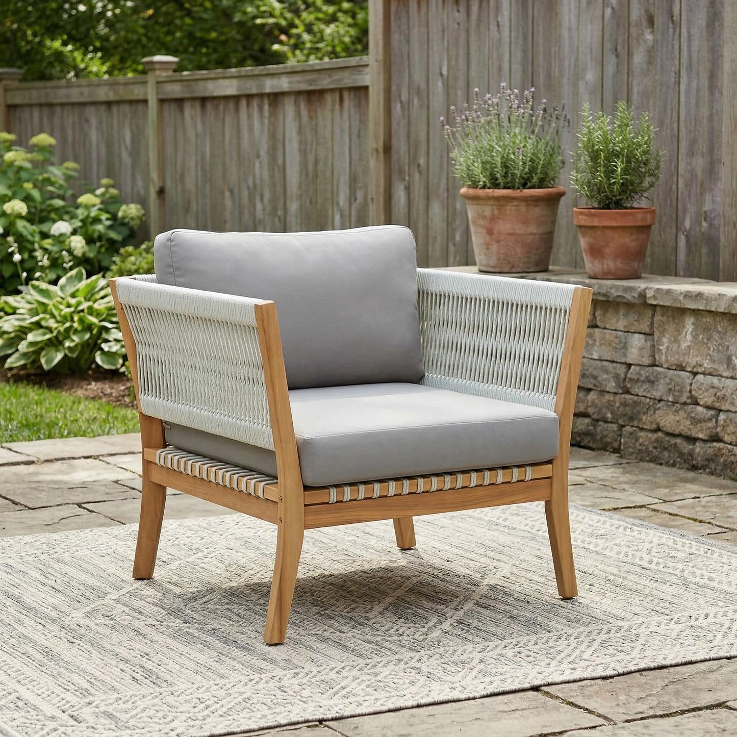 Acacia Wood Patio Chair and Woven Rope Accents