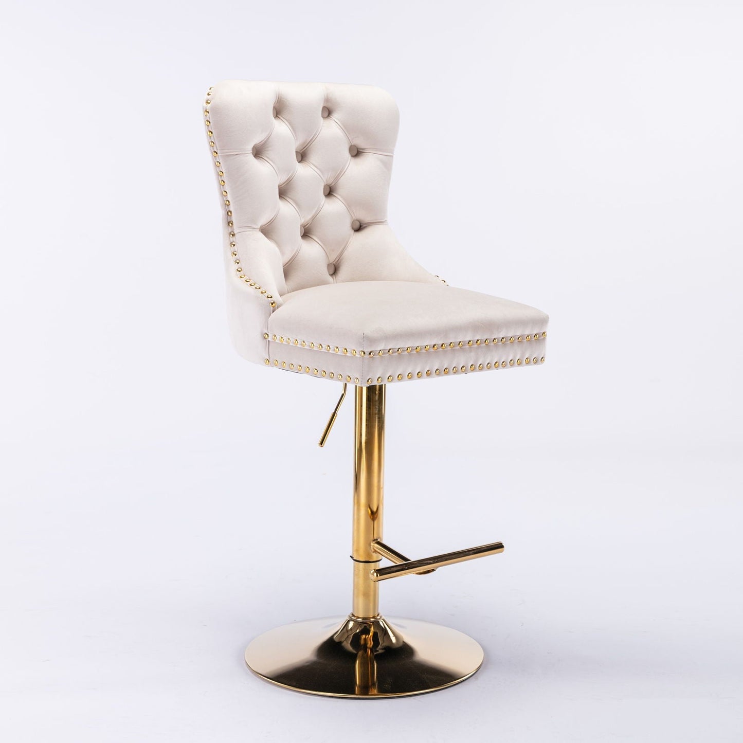 Beige tufted swivel bar stool with nailhead trim and gold pedestal base, set of 2 on Tampa Home & Garden Store