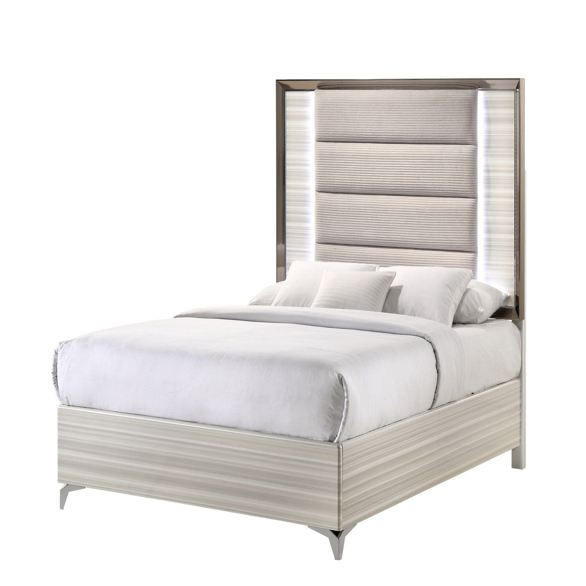 Star Bed with LED modern design, beige panel headboard in chrome frame with side LEDs on Tampa Home & Garden Store