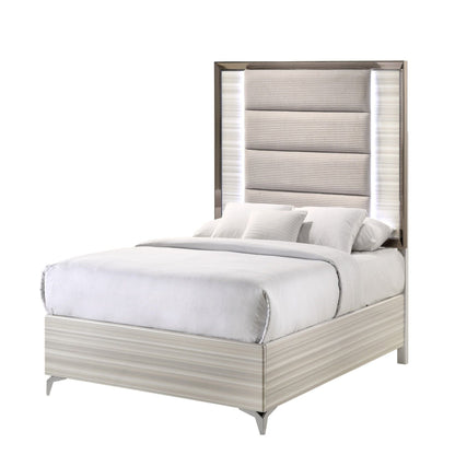 Star Bed with LED modern design, beige panel headboard in chrome frame with side LEDs on Tampa Home & Garden Store