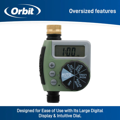Hose faucet timer with one-dial outlet by Orbit Irrigation, brass outlet, digital display on Tampa Home & Garden Store