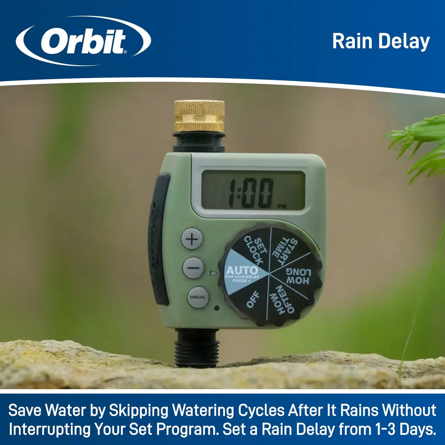 Hose faucet timer with one dial outlet by Orbit Irrigation, gray body and brass outlet on Tampa Home & Garden Store
