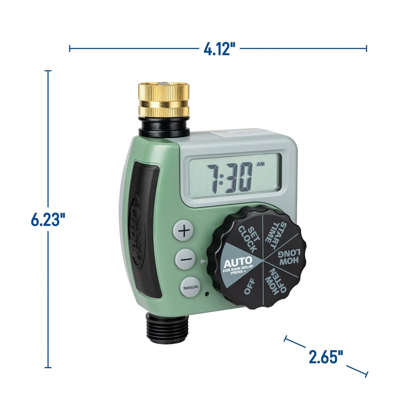 Hose faucet timer with one dial outlet by Orbit Irrigation green body, brass connector, display on Tampa Home & Garden Store