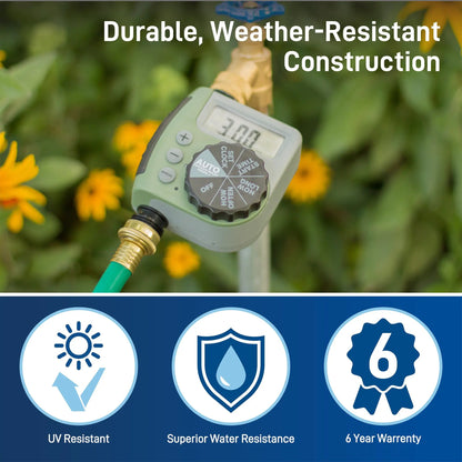 Orbit Irrigation hose faucet timer with one dial outlet, green body and brass fittings on Tampa Home & Garden Store