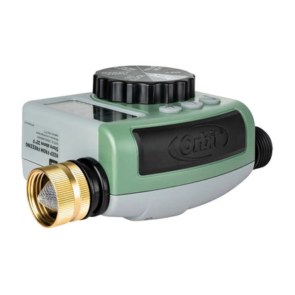 Hose faucet timer with one dial outlet by Orbit Irrigation, green body brass hose fitting on Tampa Home & Garden Store