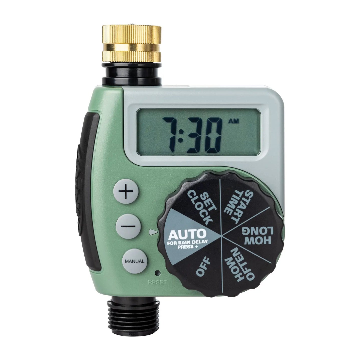Orbit Irrigation Hose Faucet Timer with One Dial Outlet; brass connector, green body on Tampa Home & Garden Store