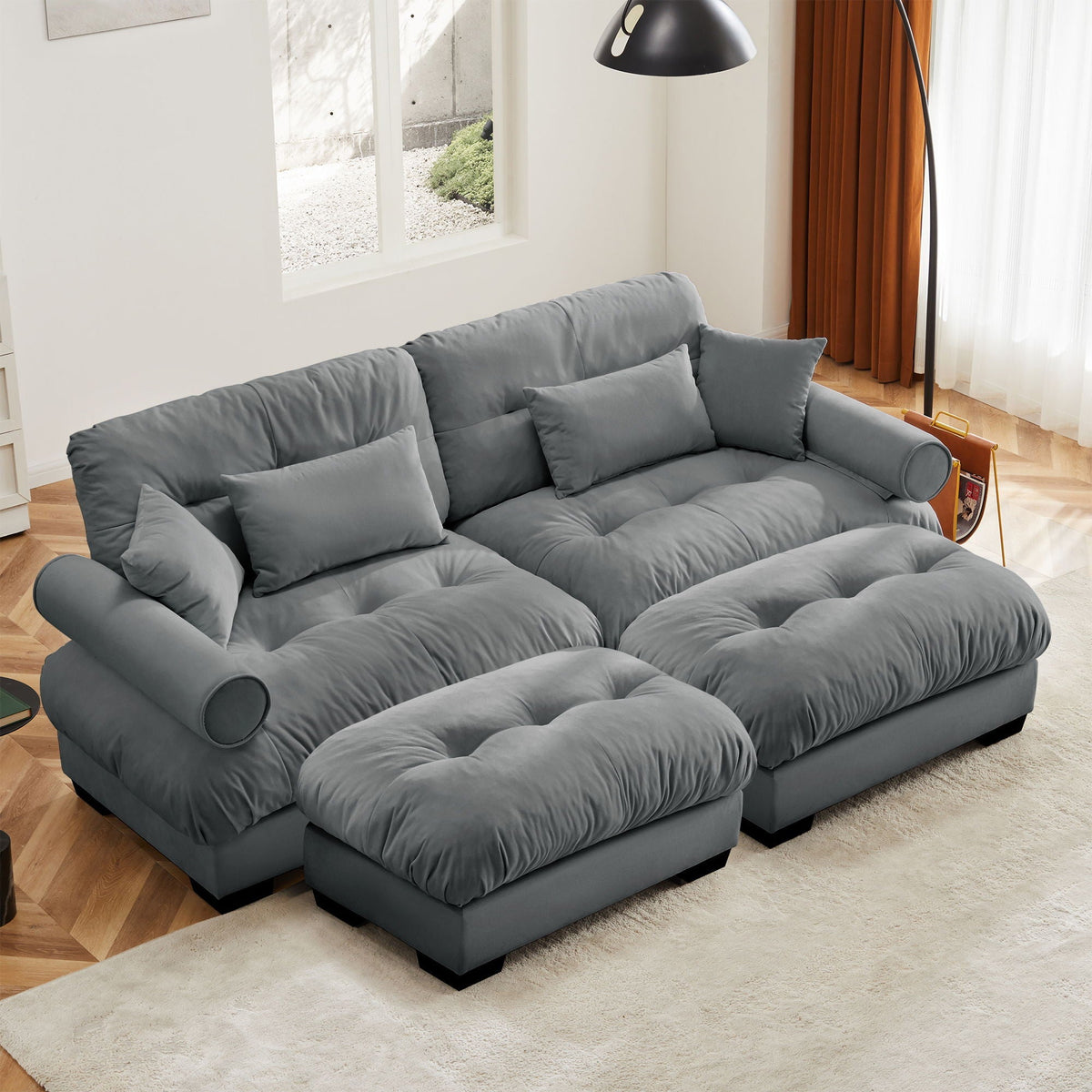 Oversized modular 2 piece living room sofa with movable ottoman in gray-blue fabric HouseOfZazla on Tampa Home & Garden Store