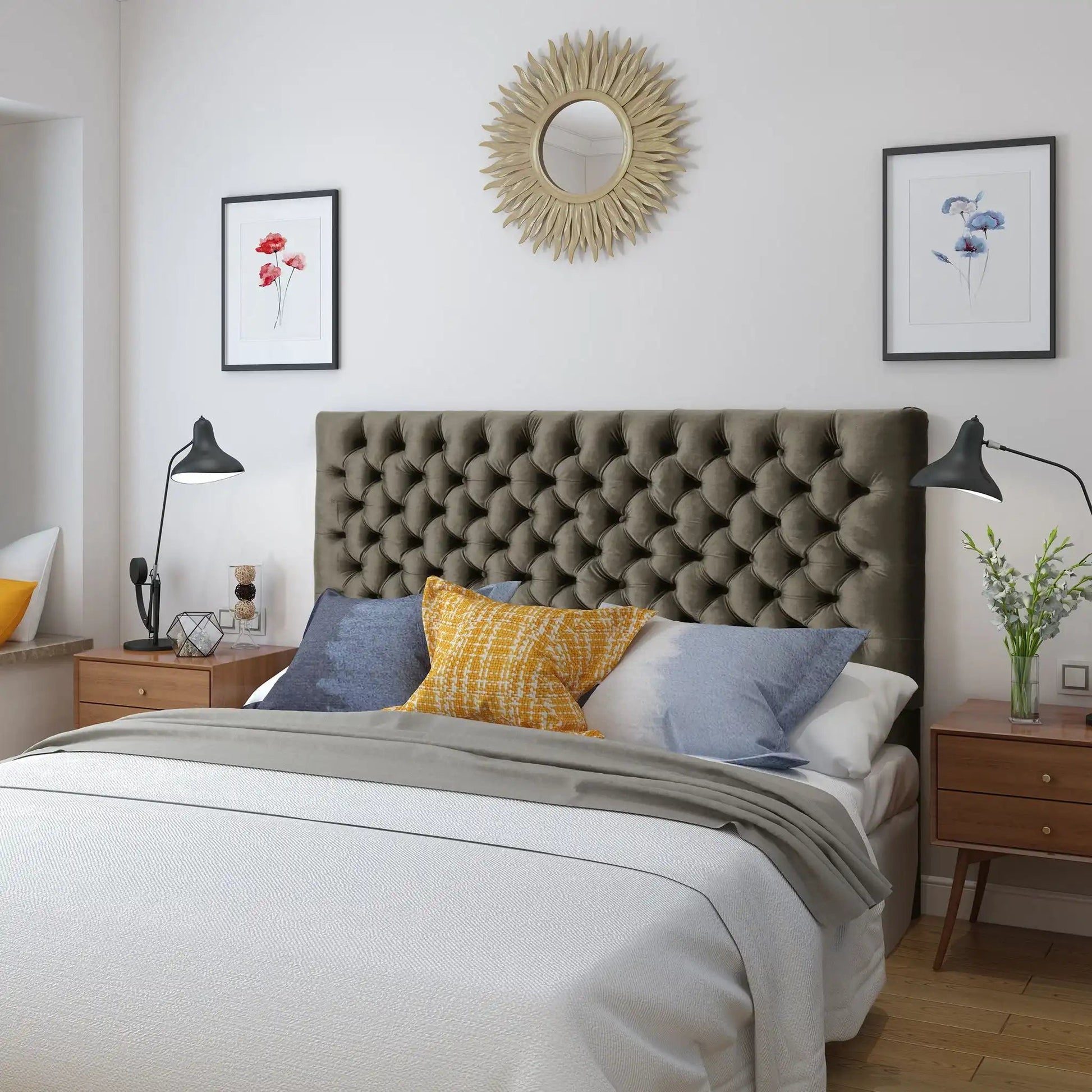 Annecy Contemporary Upholstered Headboard by HouseOfZazla gray tufted velvet in chic bedroom on Tampa Home & Garden Store