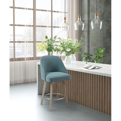 Bar stool with teal upholstery, swivel seat and solid wood legs for counter height seating on Tampa Home & Garden Store