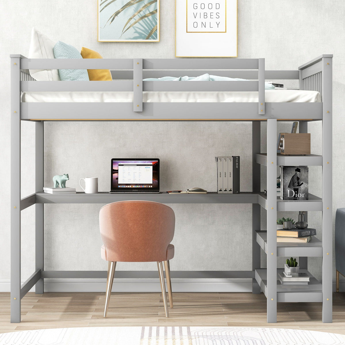 Gray metal loft bed with storage shelves and under-bed desk, organized workspace on Tampa Home & Garden Store