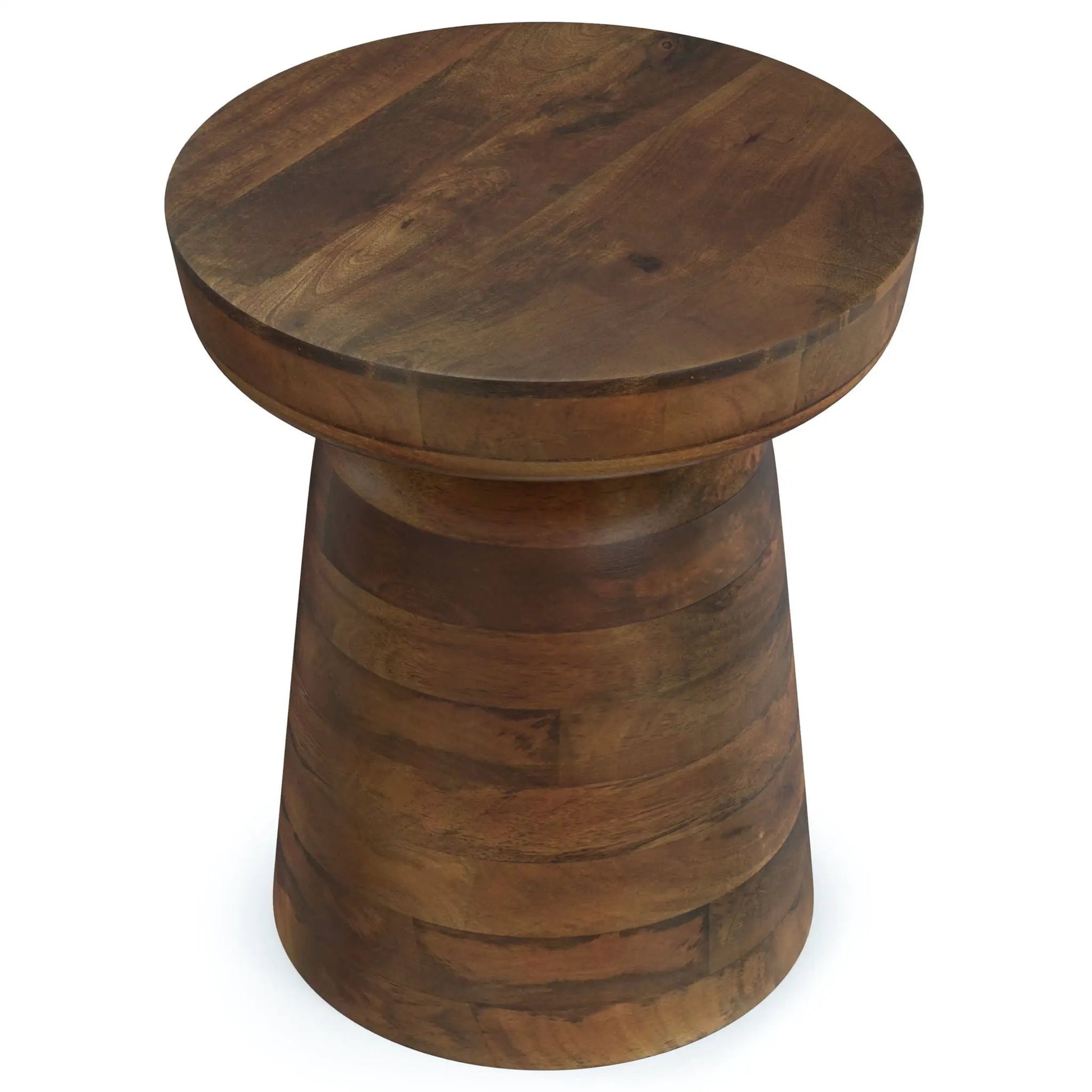Robbie handcrafted accent table, round walnut wood top with pedestal base on Tampa Home & Garden Store