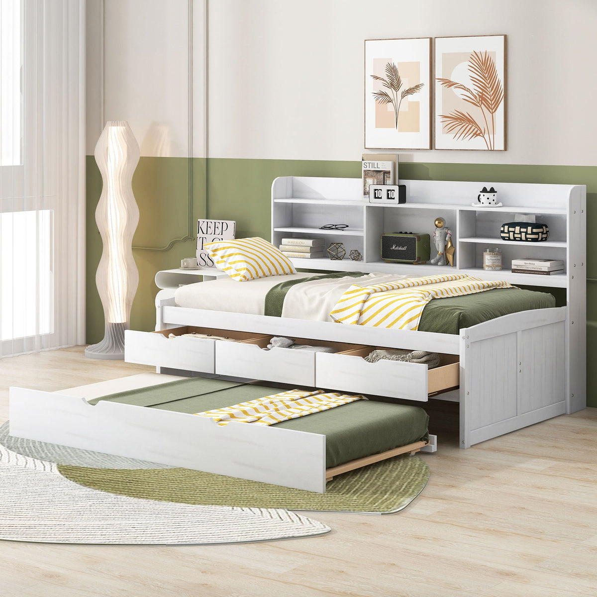 Captain Bed with Built-In Bookshelves, white wood frame, 3 storage drawers and trundle on Tampa Home & Garden Store