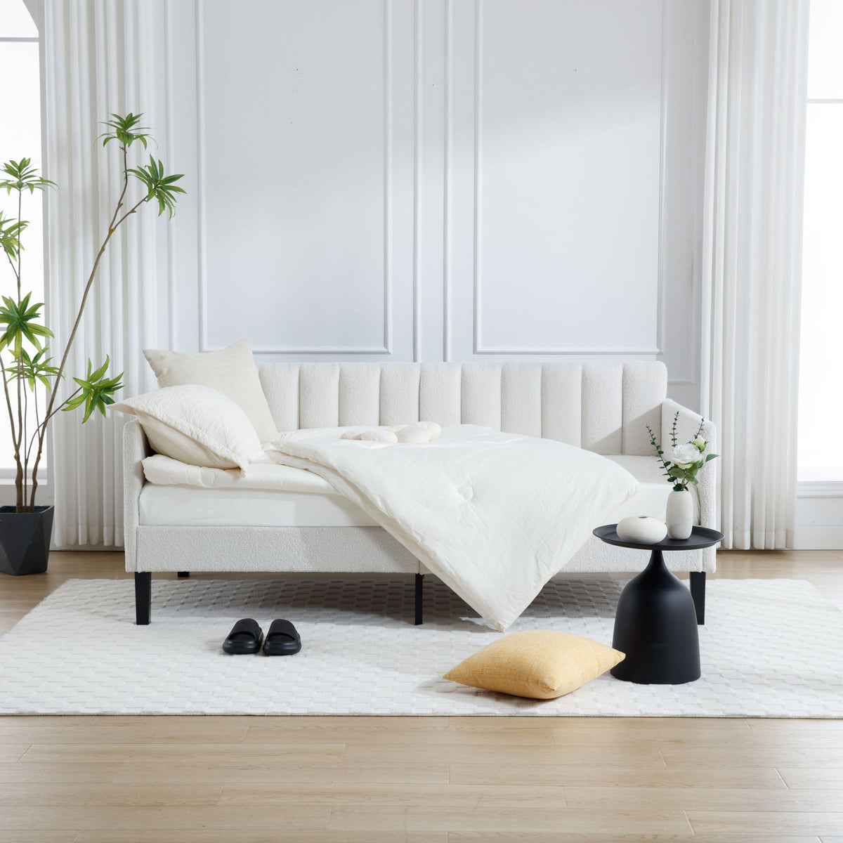 Elena Boucle Upholstered Daybed with ribbed tufted backrest in cream fabric by HouseOfZazla on Tampa Home & Garden Store