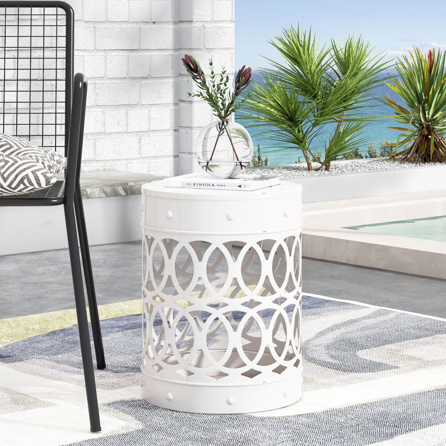 Large Outdoor Metal End Table with Floral Cut