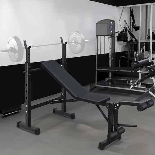 Olympic weight bench with squat rack on black steel frame, barbell and weight plates on Tampa Home & Garden Store