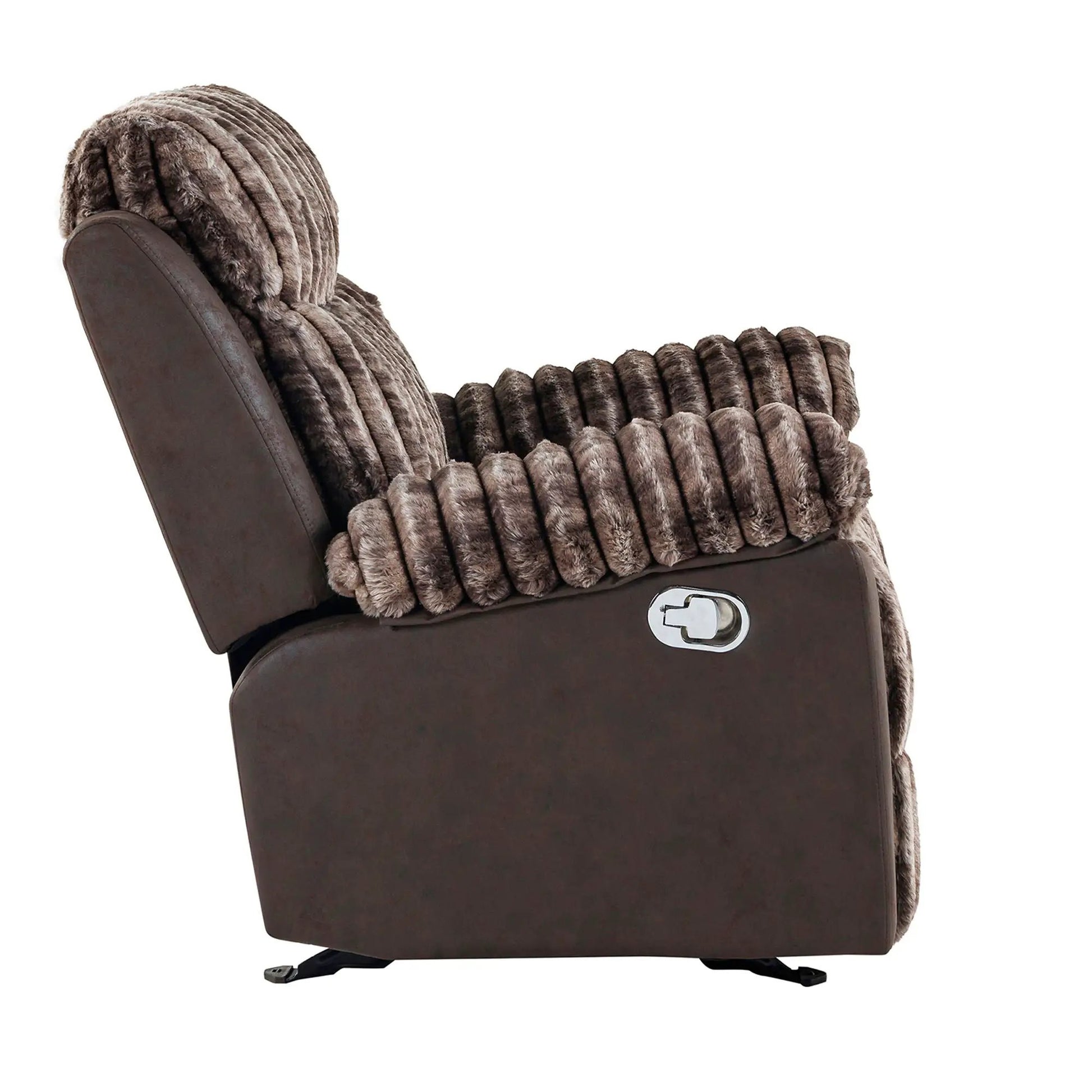 Bruni Glider Recliner with manual recline brown faux leather and plush fur upholstery on Tampa Home & Garden Store