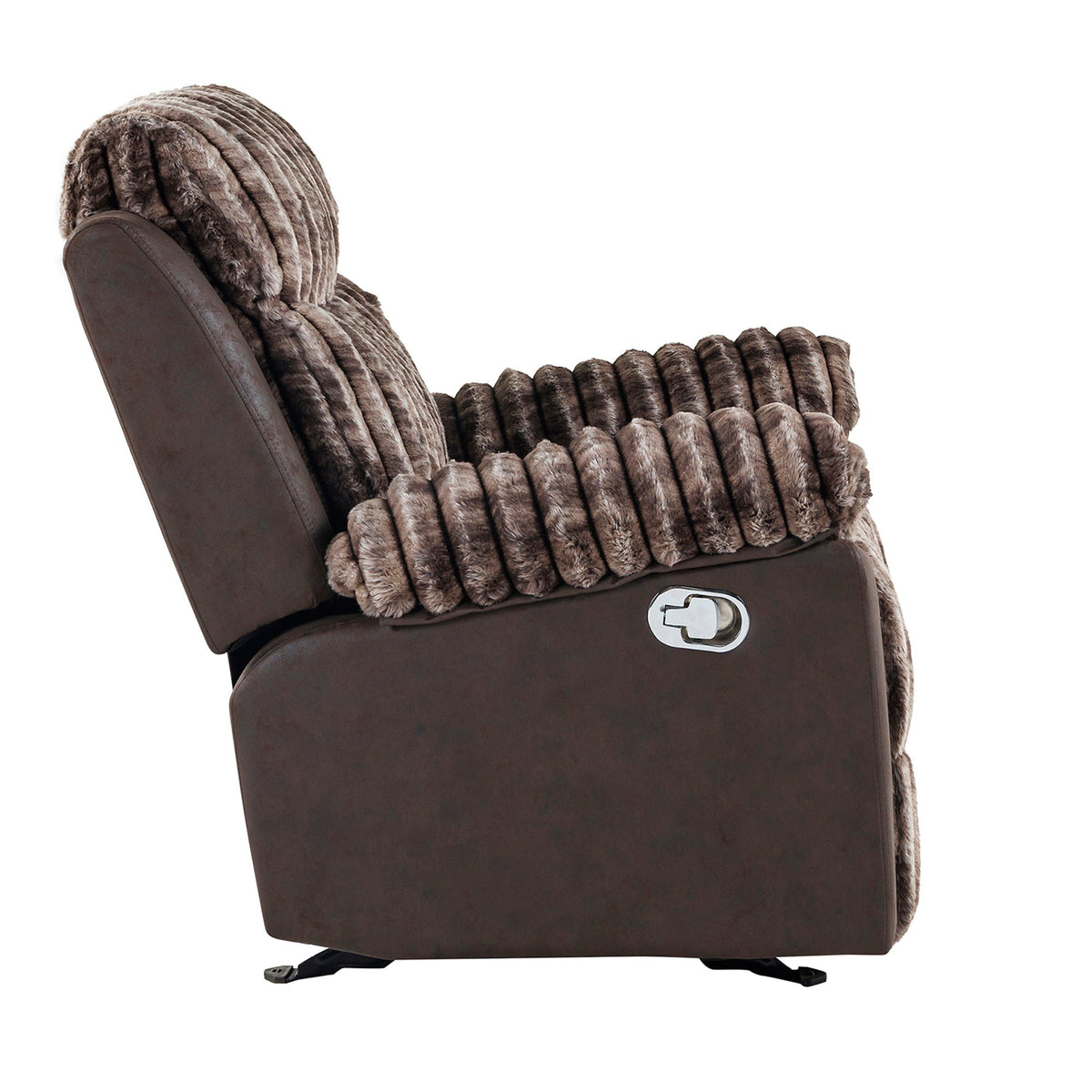Bruni Glider Recliner with manual recline in brown plush fur upholstery and leather base on Tampa Home & Garden Store