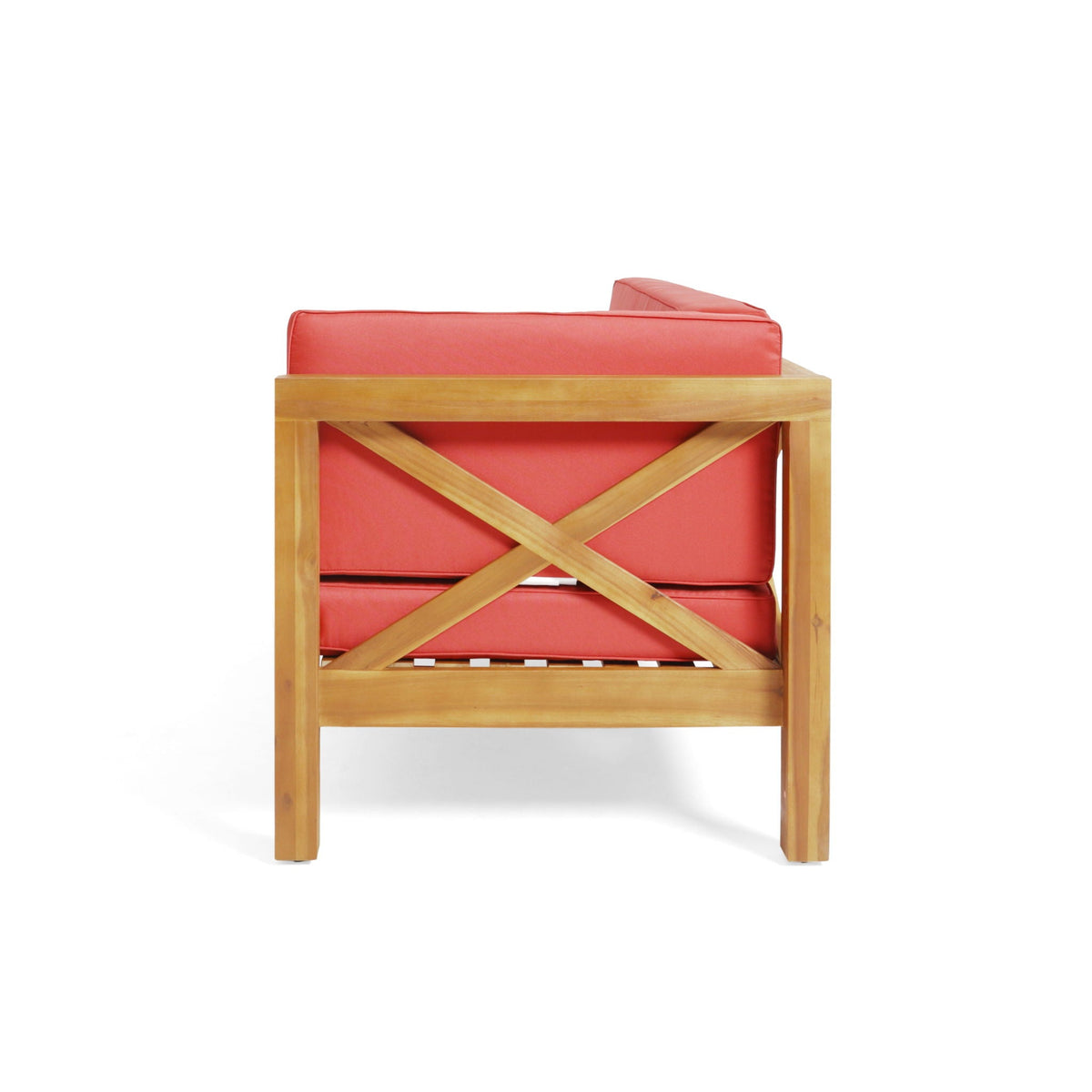 Brava X Back Corner Bench with Coffee Table red cushions wooden frame 2-piece outdoor set on Tampa Home & Garden Store