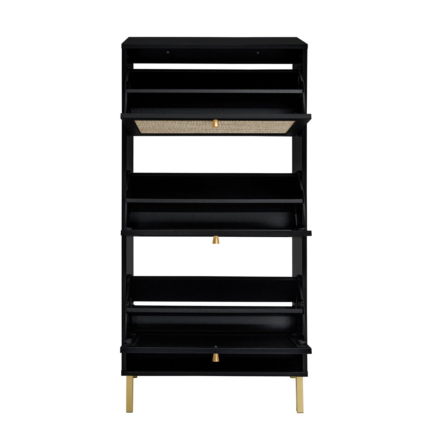HouseOfZazla modern black 3-door shoe rack cabinet with rattan woven front and gold legs on Tampa Home & Garden Store