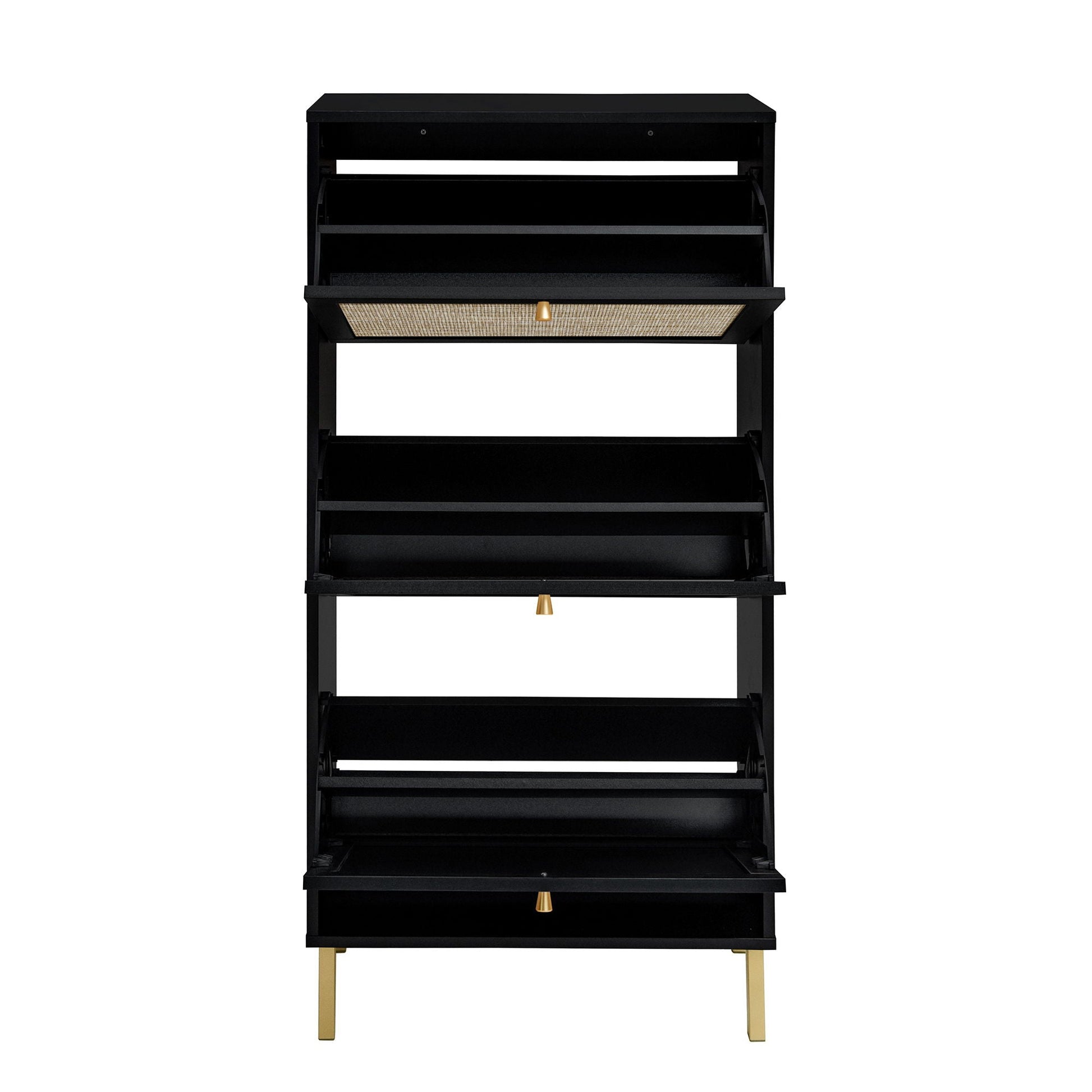 HouseOfZazla modern black 3-door shoe rack cabinet with rattan woven front and gold legs on Tampa Home & Garden Store