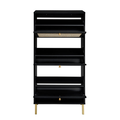 HouseOfZazla modern black 3-door shoe rack cabinet with rattan woven front and gold legs on Tampa Home & Garden Store