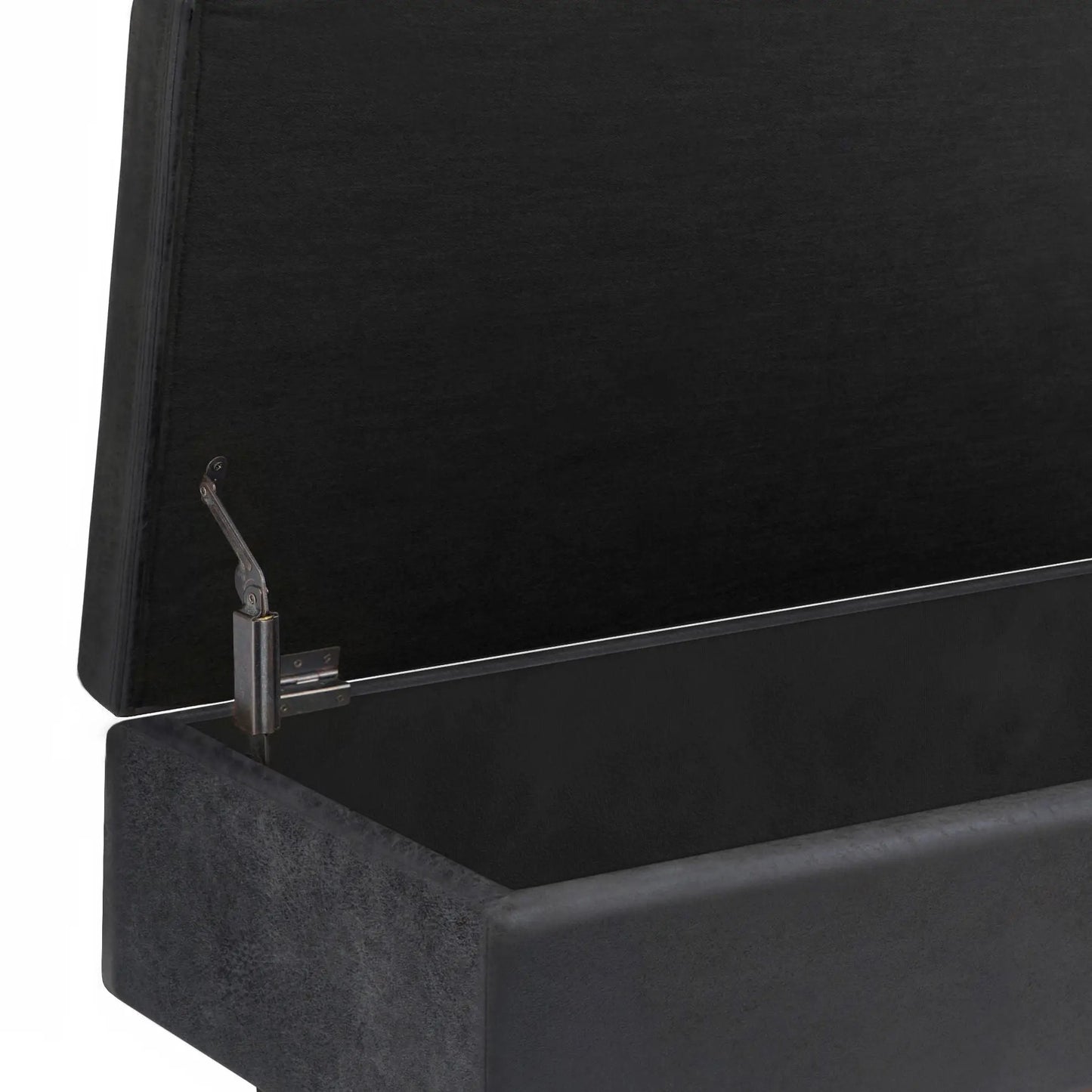 Owen Upholstered Rectangular Storage Ottoman in black fabric with metal hinge hardware on Tampa Home & Garden Store
