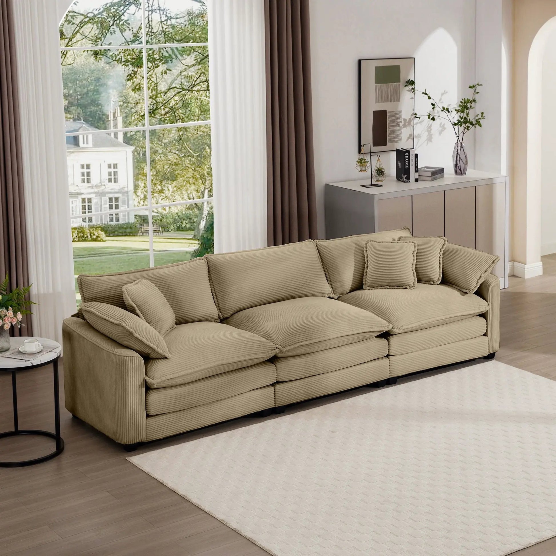 Mid-Century Modern 3 Seater Sectional Sofa in beige corduroy with throw pillows on Tampa Home & Garden Store