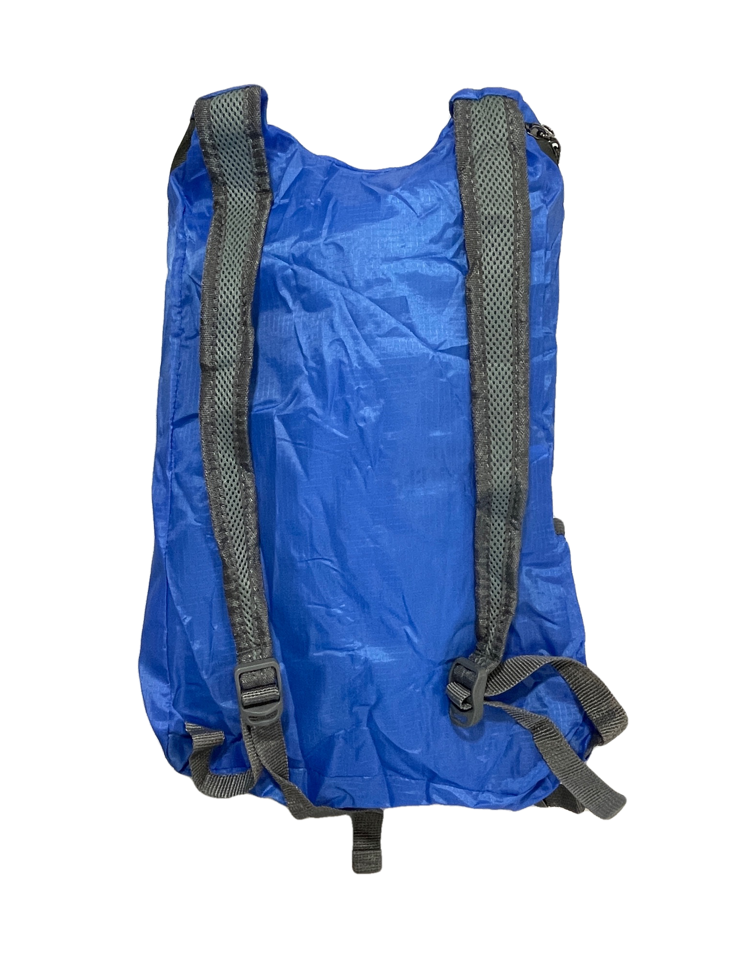 Blue polyester day pack with gray padded mesh shoulder straps and buckles on Tampa Home & Garden Store