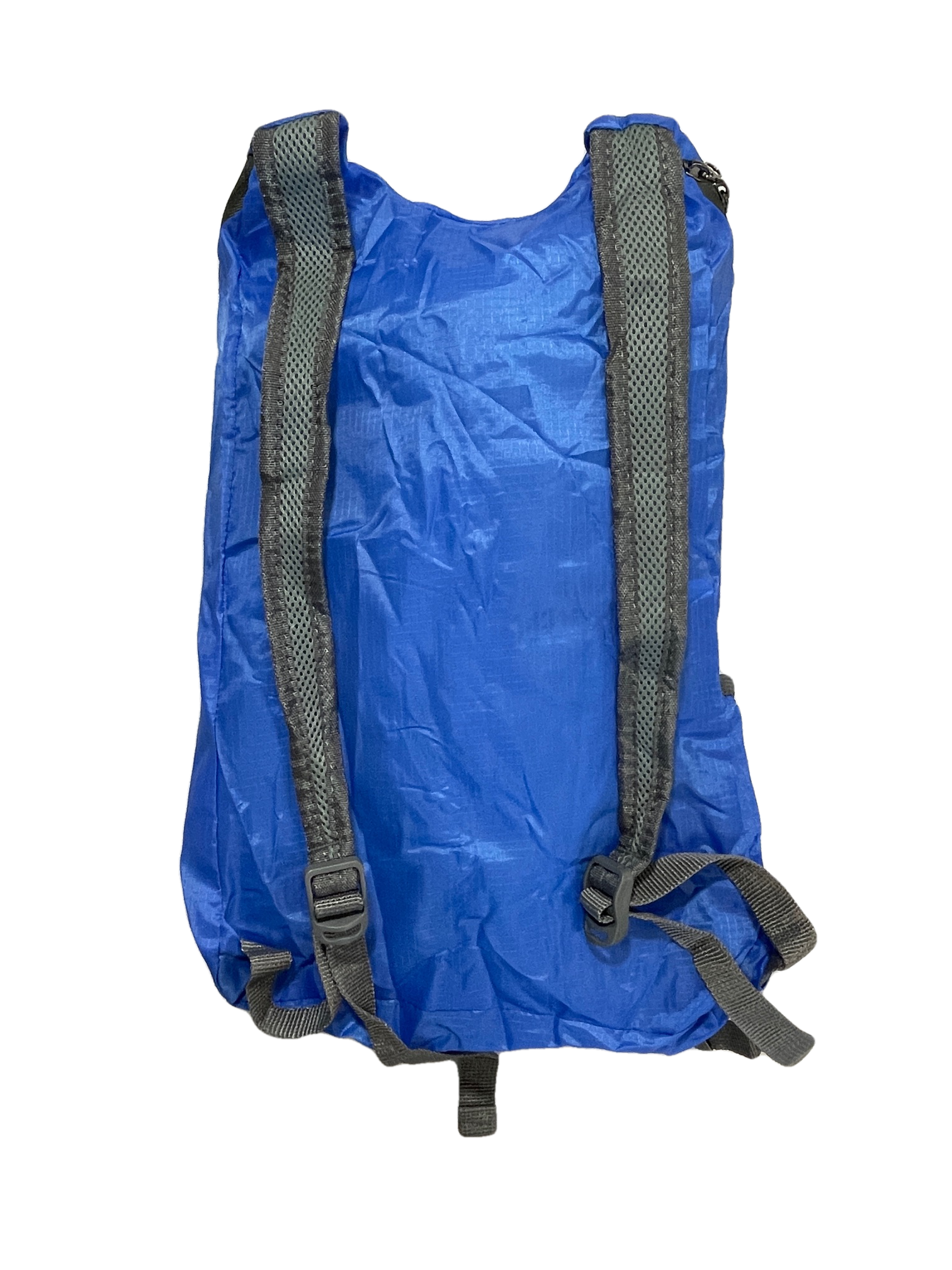 Blue polyester day pack with gray padded mesh shoulder straps and buckles on Tampa Home & Garden Store