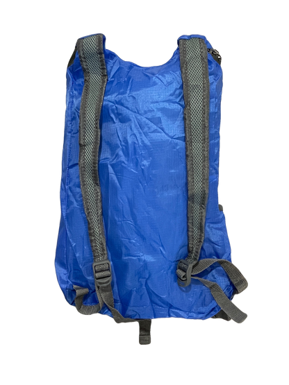 Blue polyester day pack with gray padded mesh shoulder straps and buckles on Tampa Home & Garden Store