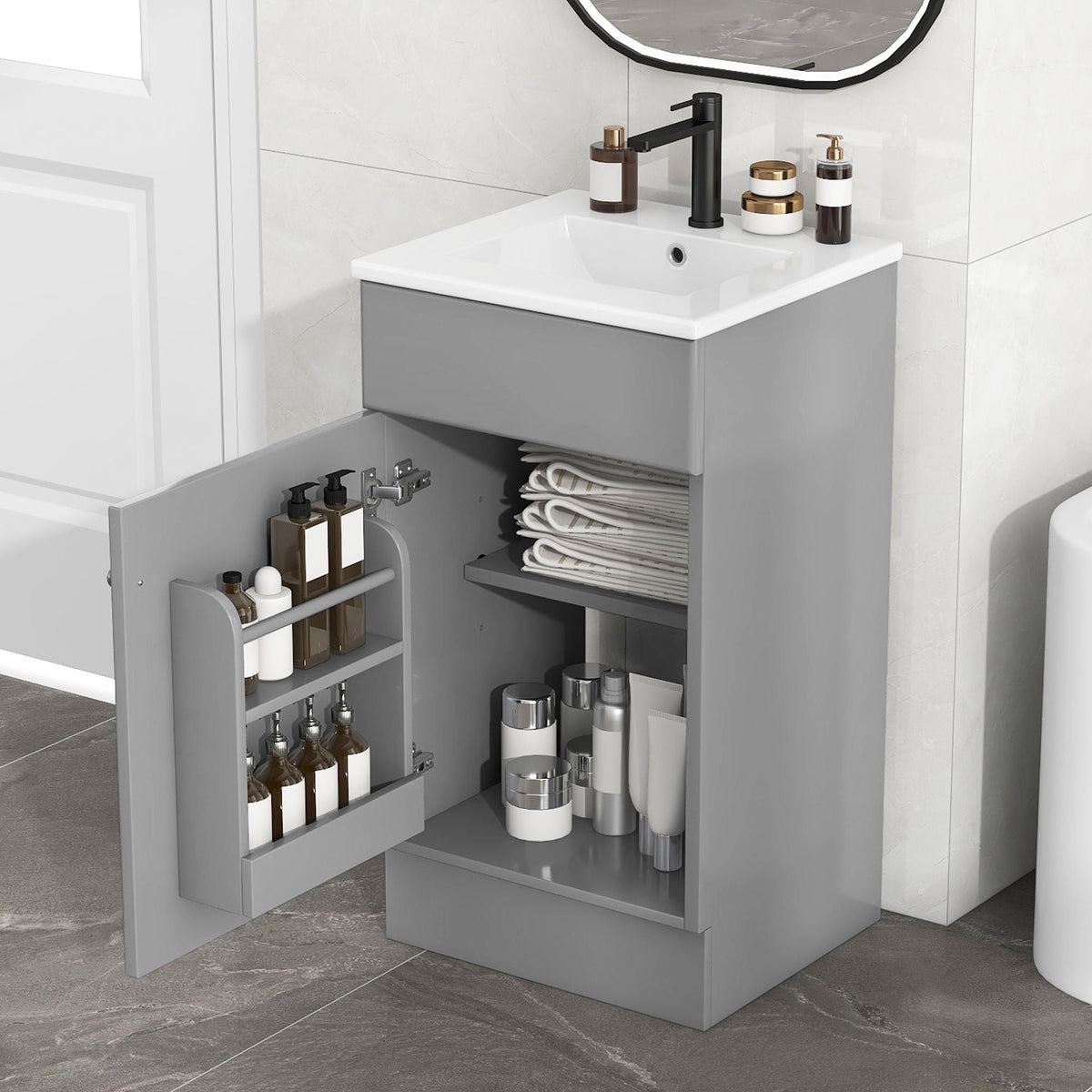 Bathroom vanity with sink, gray cabinet, black faucet, adjustable shelf and towel storage on Tampa Home & Garden Store
