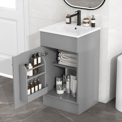 Bathroom vanity with sink, gray cabinet, black faucet, adjustable shelf and towel storage on Tampa Home & Garden Store